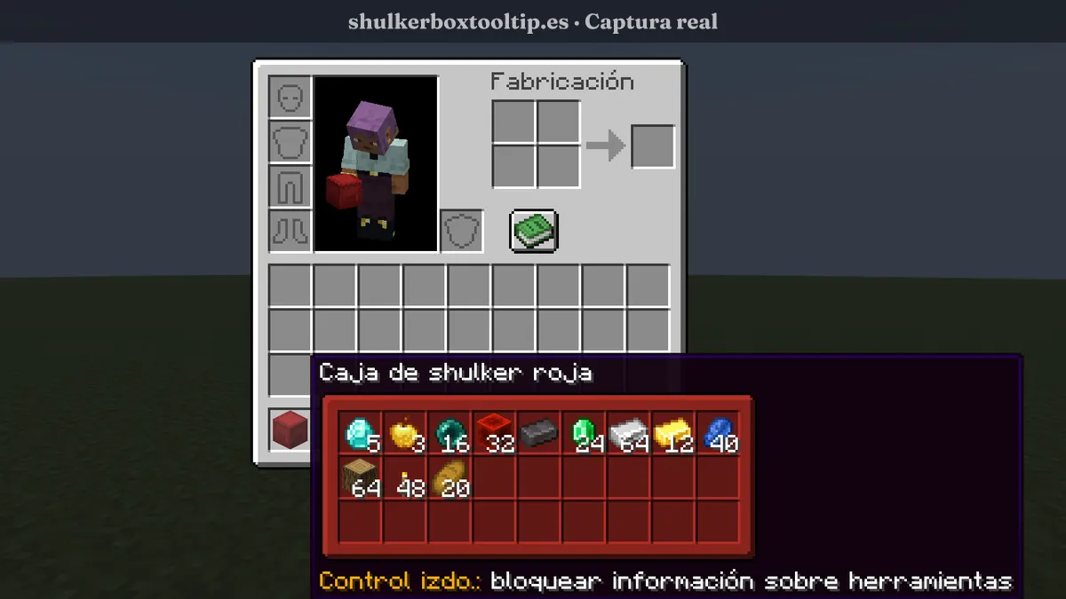 Shulker Box Tooltip con una caja shulker roja: la ventana de vista previa también es roja