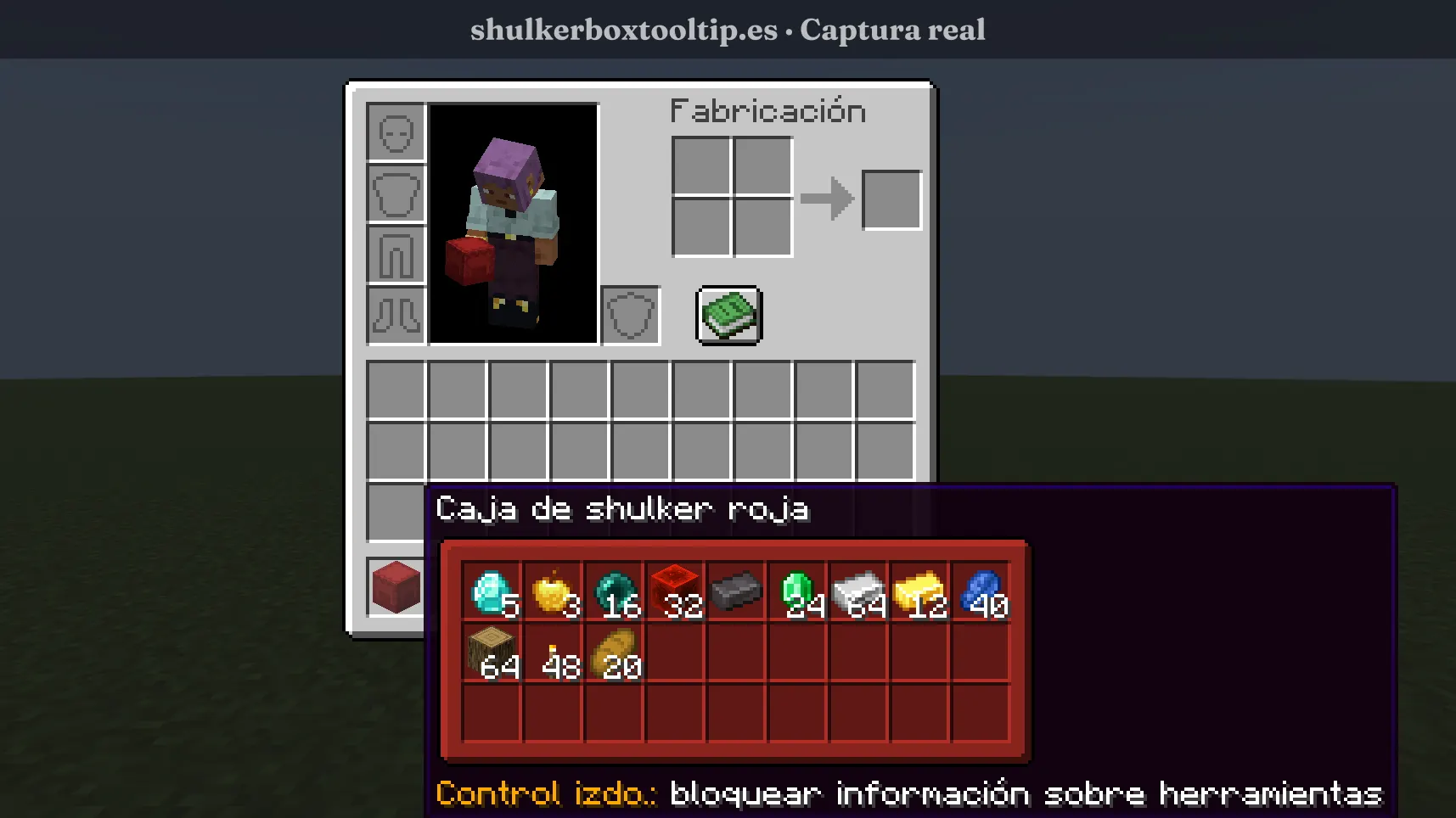 Shulker Box Tooltip con una caja shulker roja: la ventana de vista previa también es roja