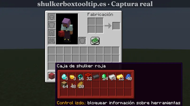 Shulker Box Tooltip con una caja shulker roja: la ventana de vista previa también es roja