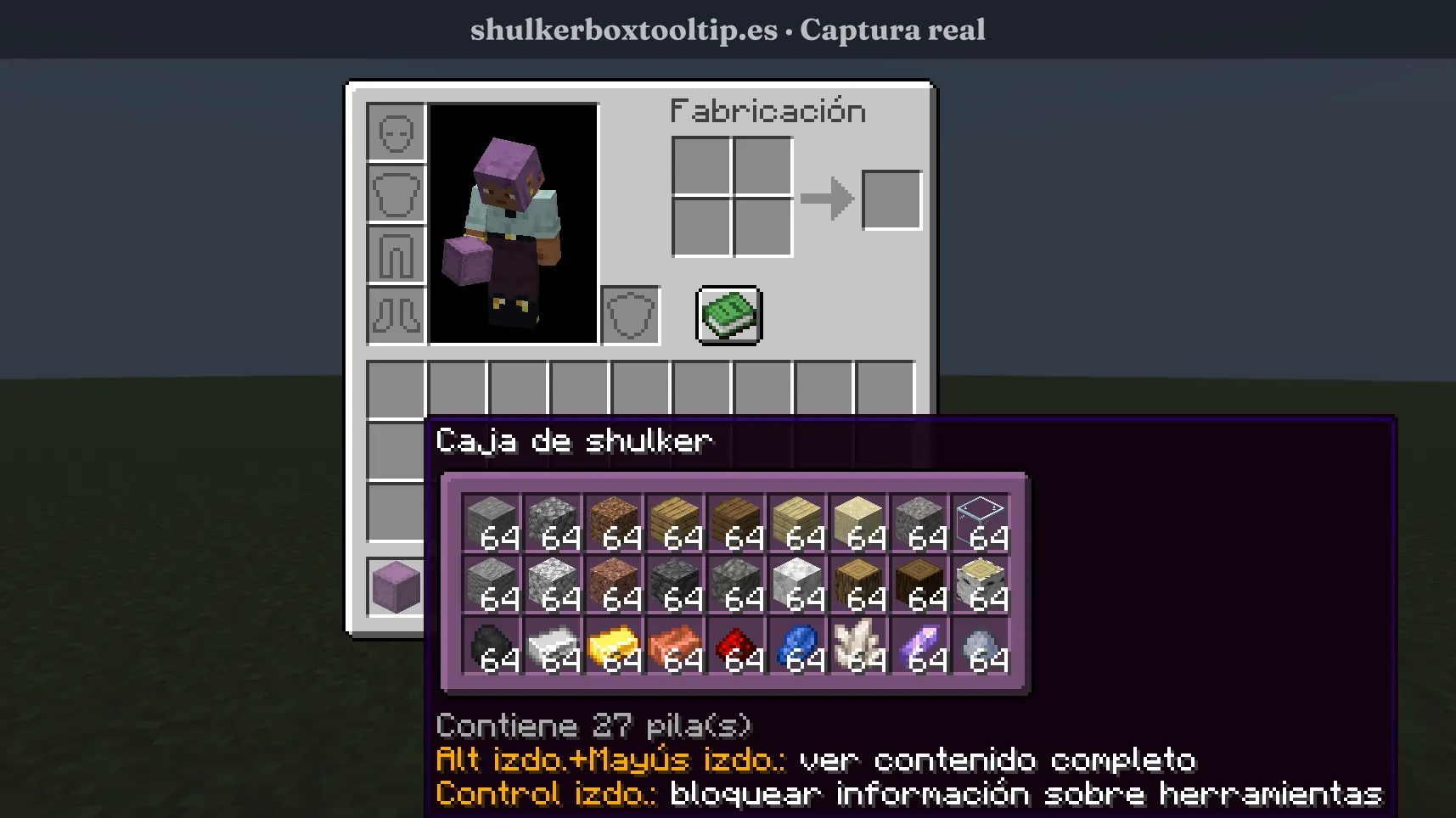 Shulker Box Tooltip mostrando una caja shulker llena de pilas de 64 en la vista previa compacta