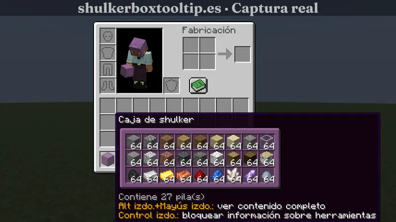 Shulker Box Tooltip mostrando una caja shulker llena de pilas de 64 en la vista previa compacta