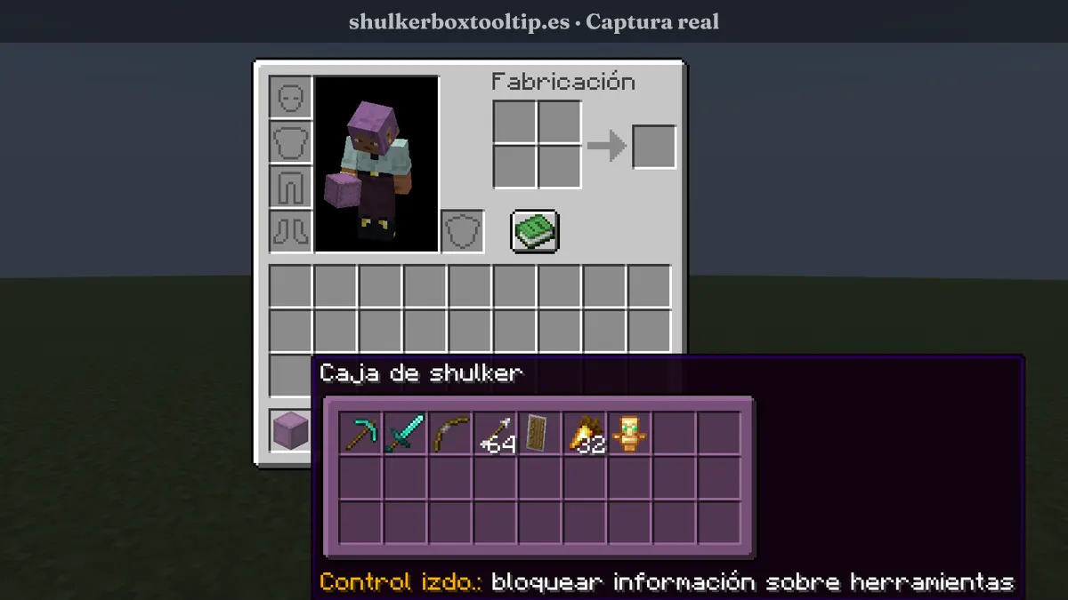 Shulker Box Tooltip mostrando herramientas y equipo dentro de una caja shulker en Minecraft 26.3