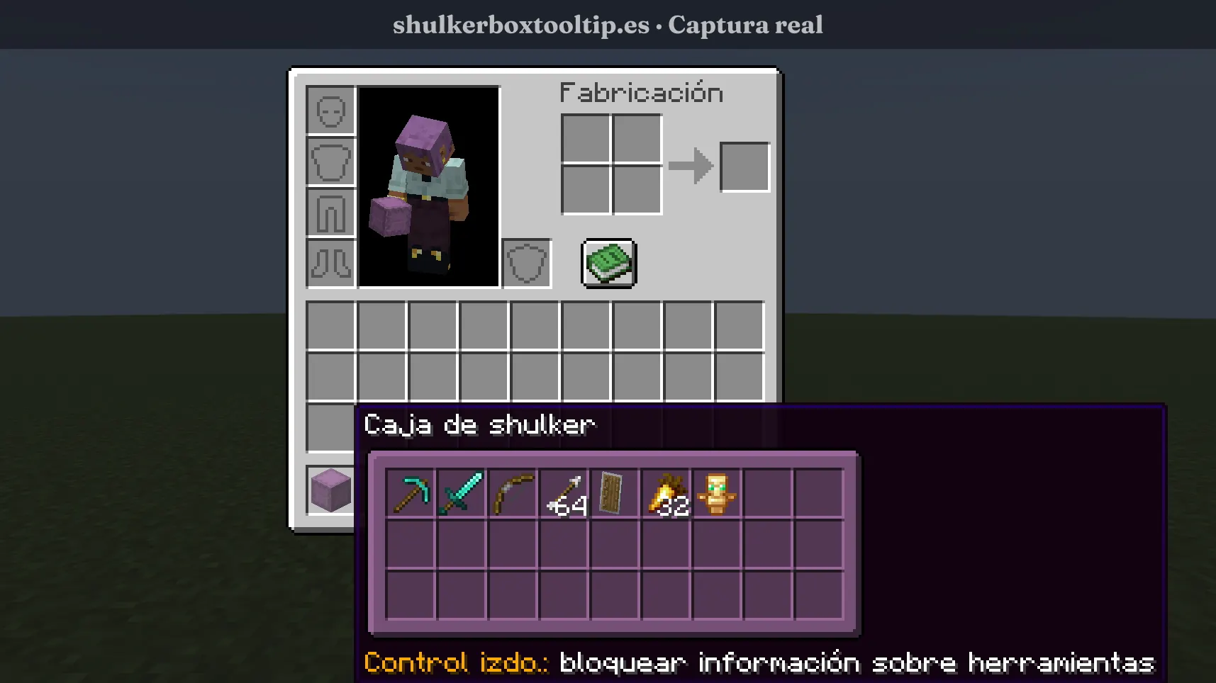 Shulker Box Tooltip mostrando herramientas y equipo dentro de una caja shulker en Minecraft 26.3