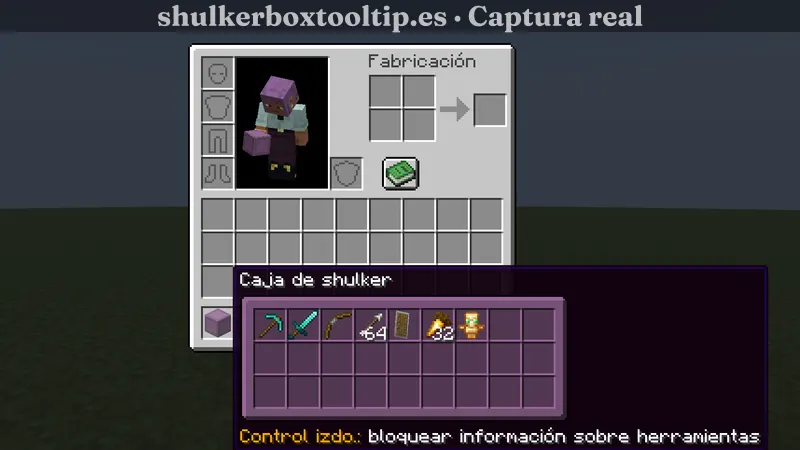 Shulker Box Tooltip mostrando herramientas y equipo dentro de una caja shulker en Minecraft 26.3