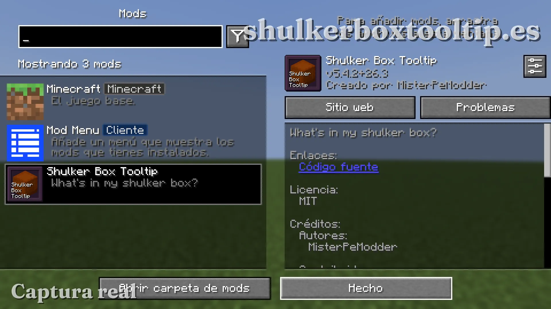 Shulker Box Tooltip en la lista de Mod Menu, con su autor y la licencia MIT