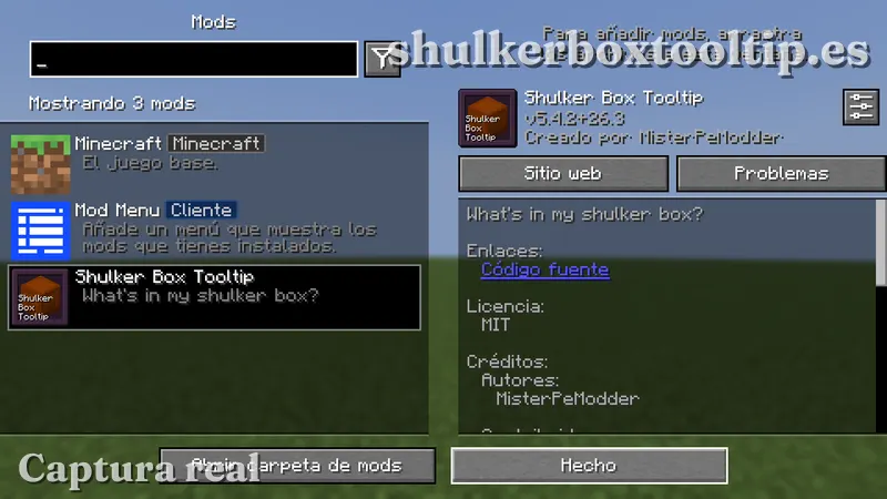 Shulker Box Tooltip en la lista de Mod Menu, con su autor y la licencia MIT