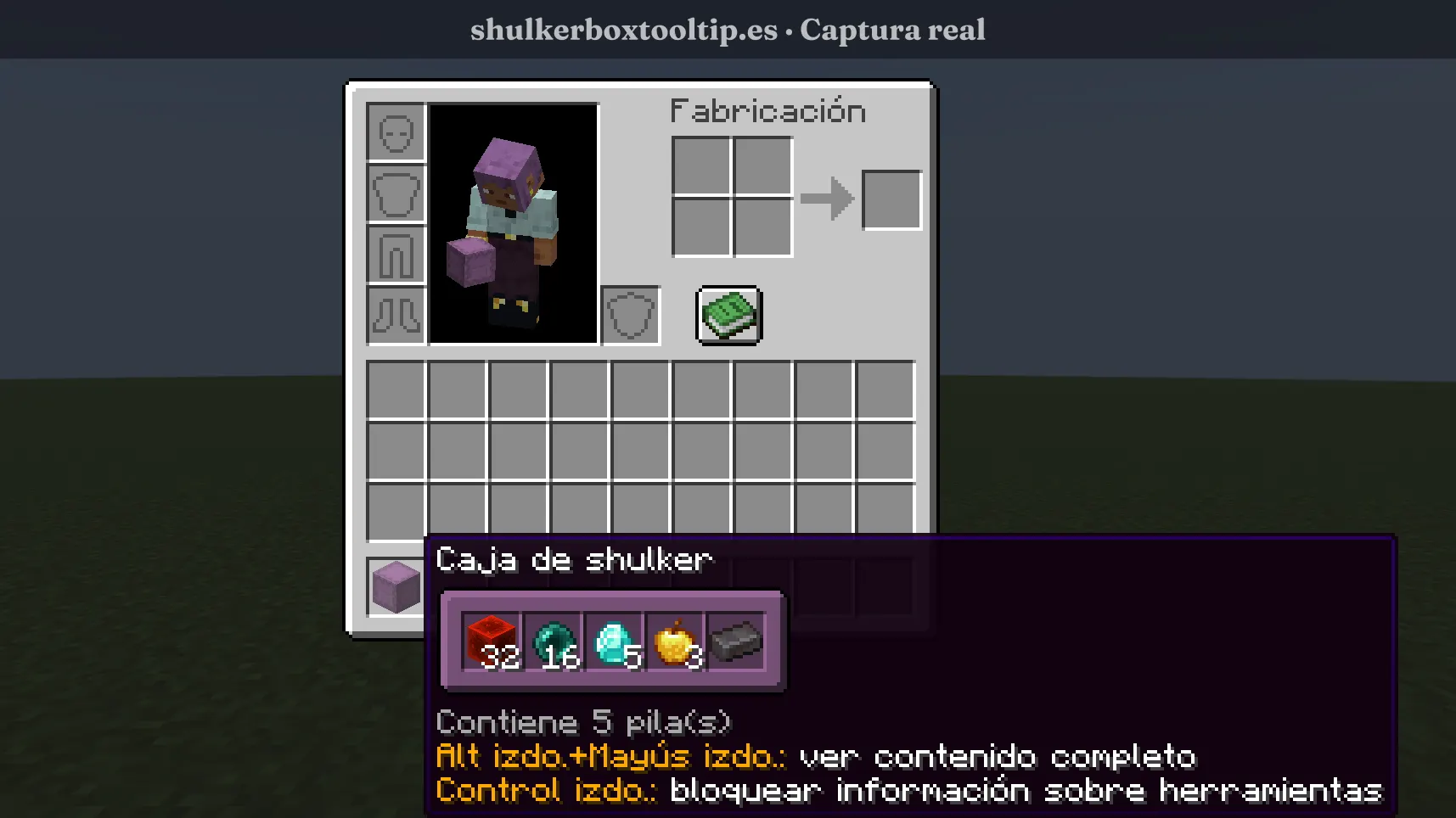 Shulker Box Tooltip mostrando la vista previa compacta de una caja shulker en el inventario de Minecraft 26.3