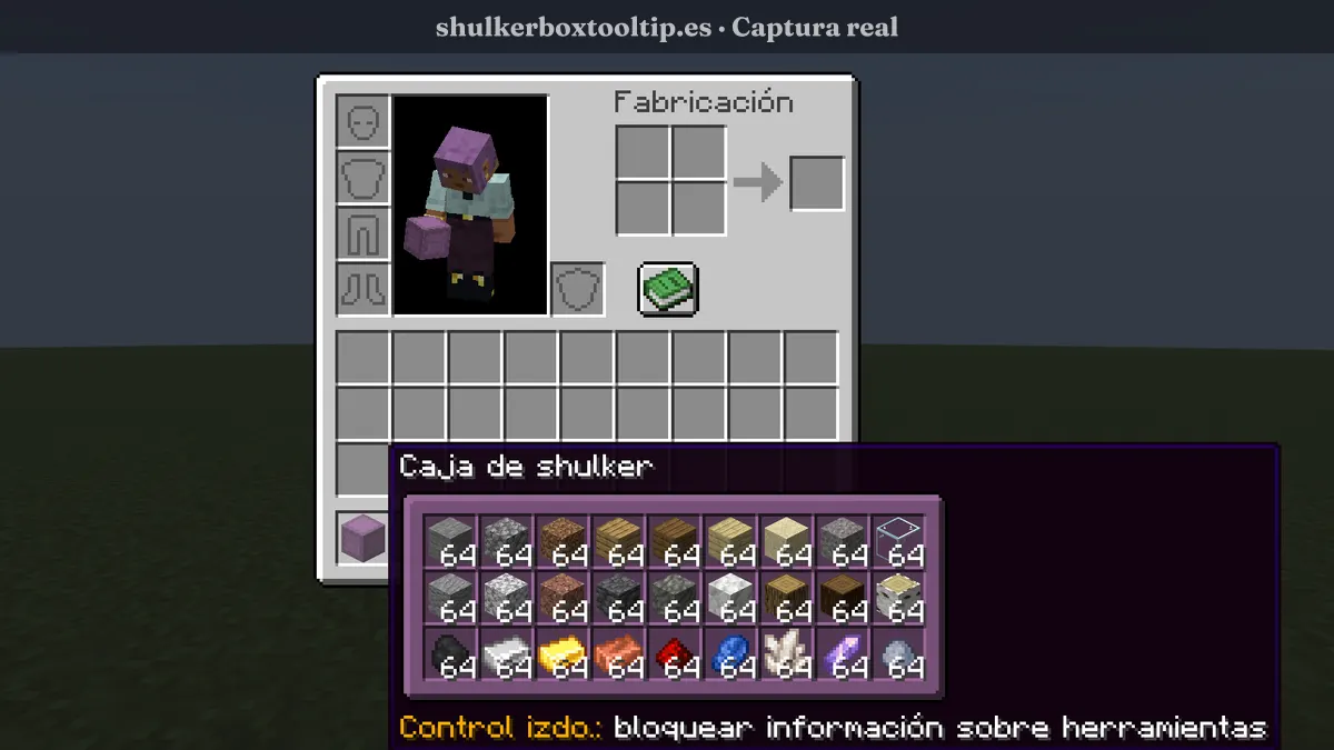 Shulker Box Tooltip mostrando una caja shulker llena de pilas de 64 en la vista previa completa