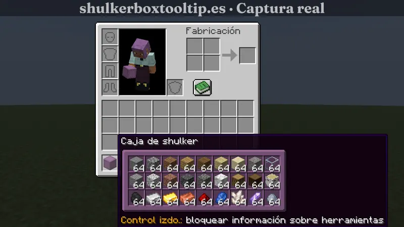 Shulker Box Tooltip mostrando una caja shulker llena de pilas de 64 en la vista previa completa