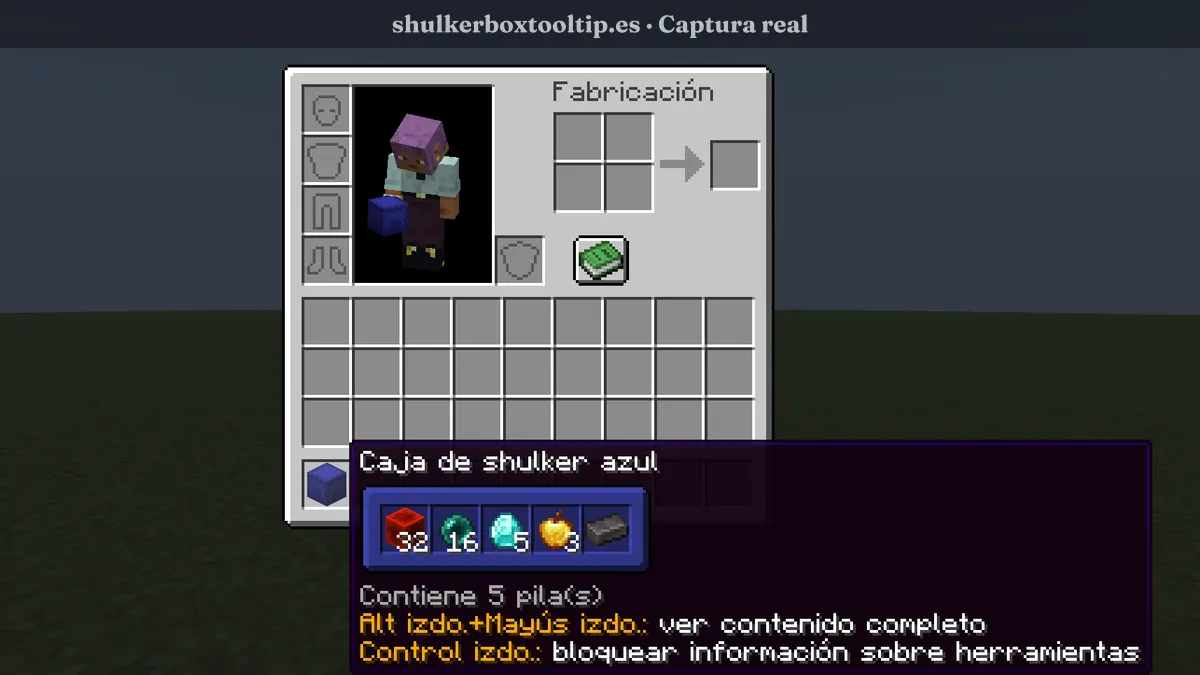Shulker Box Tooltip con una caja shulker azul: la ventana de vista previa también es azul