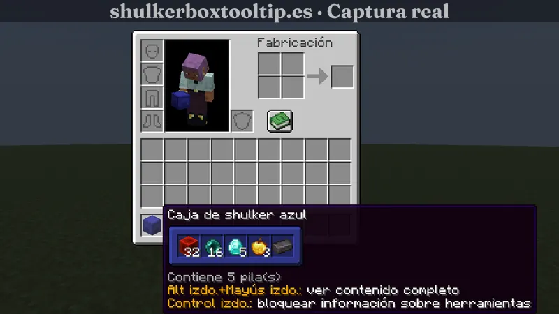 Shulker Box Tooltip con una caja shulker azul: la ventana de vista previa también es azul