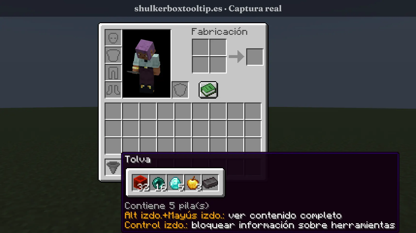 Shulker Box Tooltip mostrando el contenido de una tolva en el inventario de Minecraft 26.3