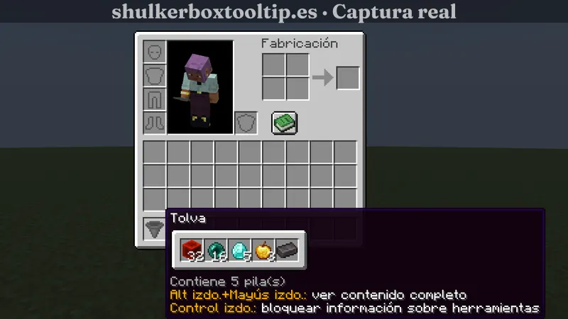 Shulker Box Tooltip mostrando el contenido de una tolva en el inventario de Minecraft 26.3