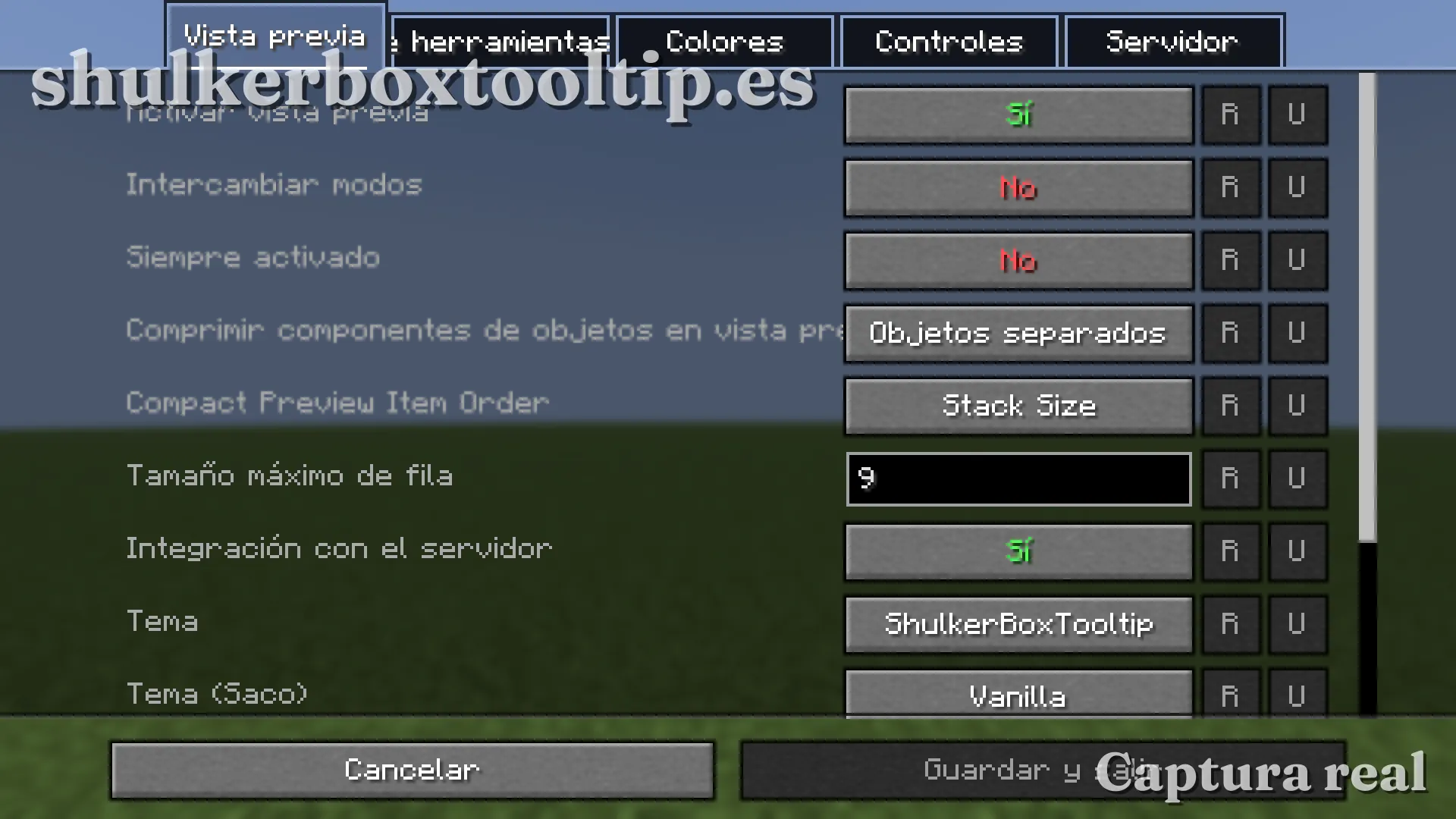 Pantalla de configuración de Shulker Box Tooltip con las pestañas Vista previa, Colores, Controles y Servidor