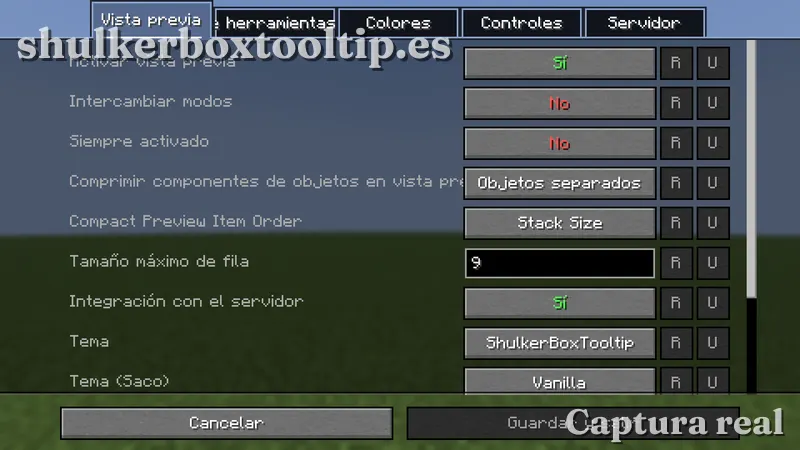 Pantalla de configuración de Shulker Box Tooltip con las pestañas Vista previa, Colores, Controles y Servidor
