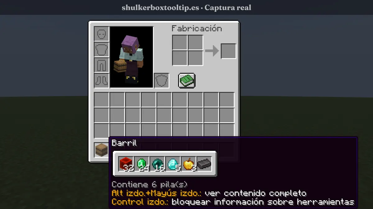 Shulker Box Tooltip mostrando el contenido de un barril en el inventario de Minecraft 26.3
