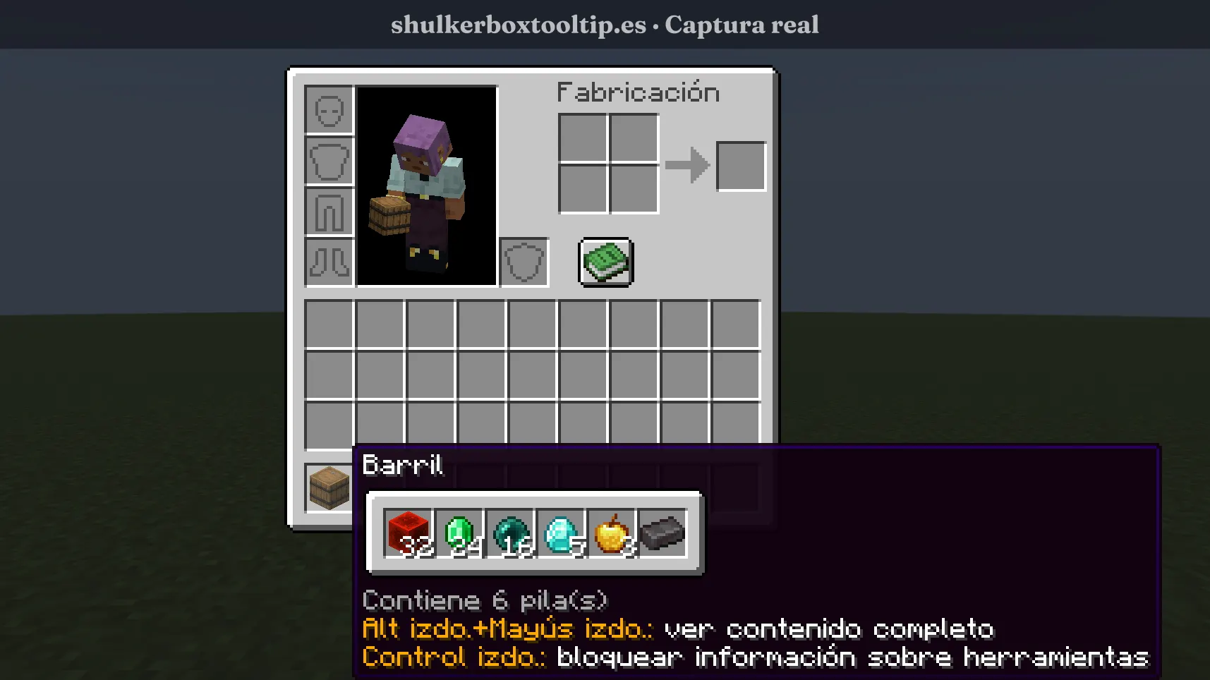 Shulker Box Tooltip mostrando el contenido de un barril en el inventario de Minecraft 26.3