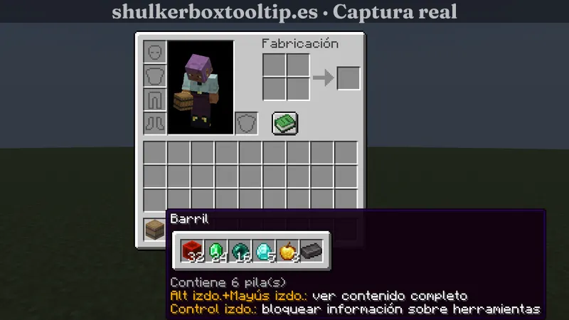 Shulker Box Tooltip mostrando el contenido de un barril en el inventario de Minecraft 26.3