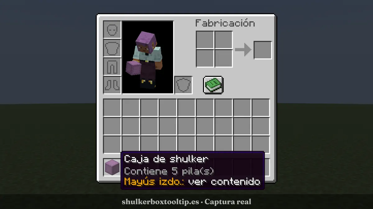 Shulker Box Tooltip en Minecraft 26.3: caja shulker sin pulsar Shift, con la pista para ver su contenido